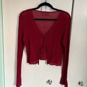 Cider Red Ribbed Tie-Front Long Sleeve Crop Top